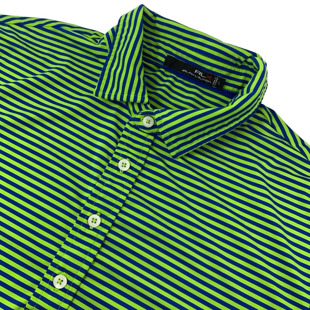 RLX Ralph Lauren Mens Large Lime Green Blue Striped Performance Golf Polo Shirt